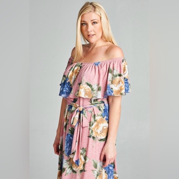 New!Plus Size Floral Off Shoulder Belted Maxi Dress Sizes  1X 2X 3X - Picture 2 of 4